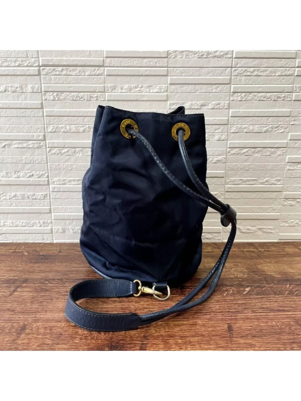 Celine Nylon Leather Shoulder Bag Drawstring Gold - Picture 2 of 10